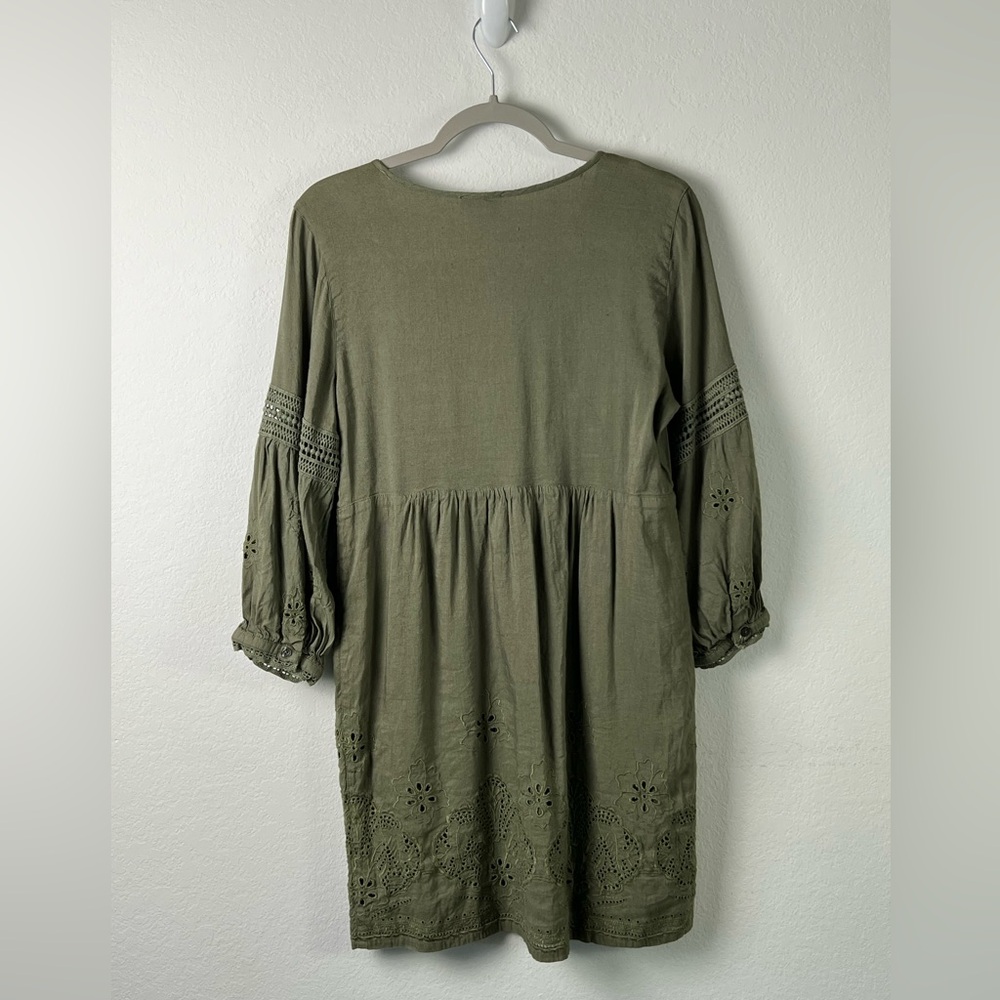 Tommy Bahama Olive Green Linen Viscose Eyelet Boho Peasant Dress - Picture 2 of 14